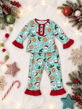 Boutique Santa Cookies & Milk Christmas Outfit Girls Mint Ruffle Set New
